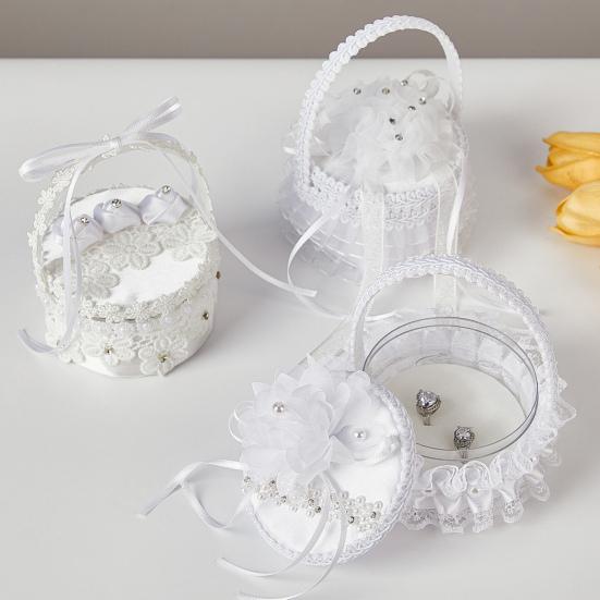 Белая кружевная коробочка для колец, держатель для свадебных колец с ручкой, кольцо с лентой и цветком