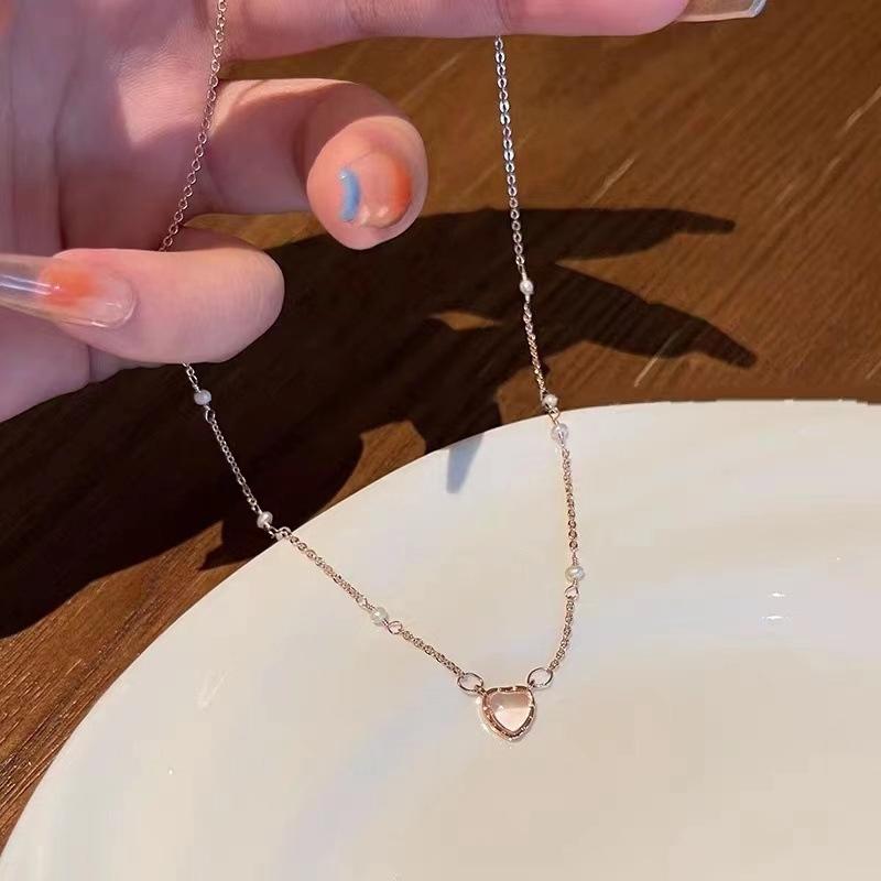 Korean Pink Heart Shape Necklace For Women Shiny Pendant Necklace Chain Party Aesthetic Jewelry Gift