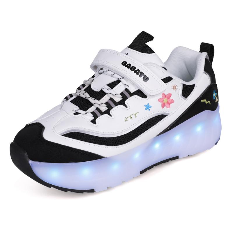 Детские четырехколесные съемные плоские спортивные туфли перезаряжаемые светодиодные светящиеся спортивные туфли четырехколесные роликовые коньки