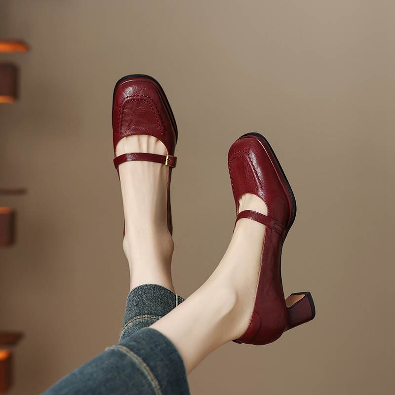 Krazing Pot Овчина Квадратный Носок Размер 40 Высокие Каблуки Металлическая Пряжка Декорация Модные Гладиаторы Осенние Туфли