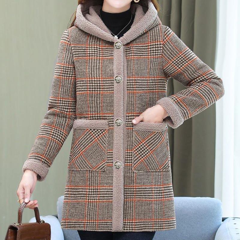 Теплая куртка большого размера, женская осенне-зимняя куртка с капюшоном средней длины, удобная утолщенная повседневная куртка из искусственной овечьей шерсти