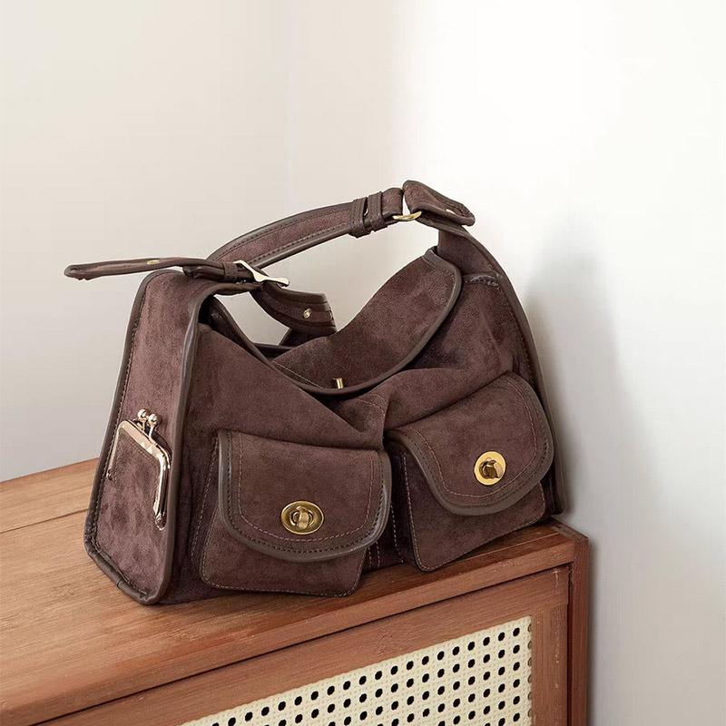 Retro Fashion Suede Shoulder Bag Multiple Pockets Motorcycle Crossbody Bag Underarm Bag Large Capacity Commuter Bag New Handbag