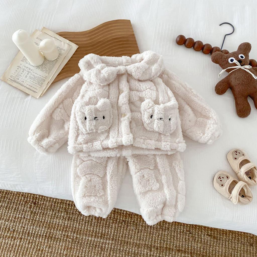 Детские пижамы, осенне-зимний комплект из утолщенного флиса, детский комплект с лацканами Xiao Xiong Shu, хлопковый флисовый комплект детской домашней одежды