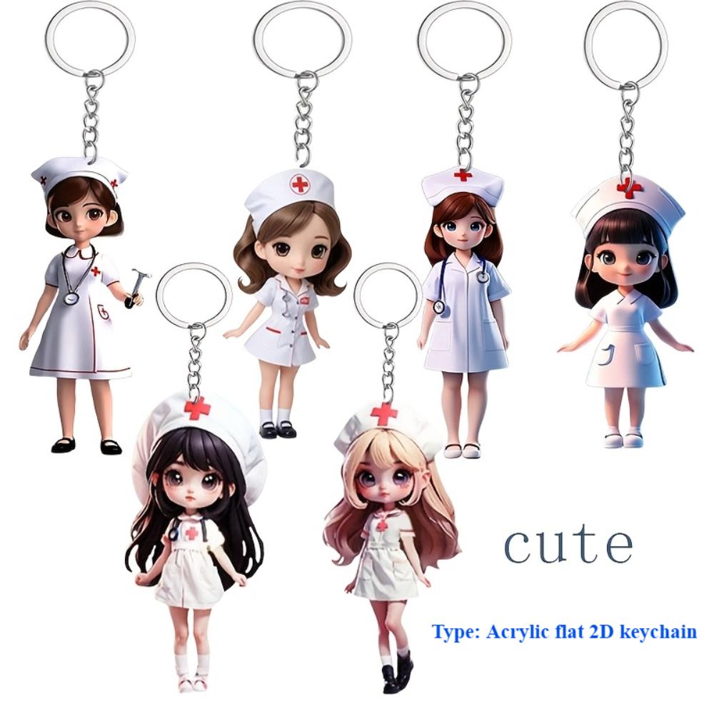 6-элементный акриловый плоский 2D-брелок для ключей с милой тематикой «Медсестра» Симпатичные персонажи мультфильмов «Медсестра», подходит для Дня медсестер, врачей, подарков и сувениров для медсестер