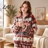 Multi Purpose Home Wear for Women 2Pcs/Set Fleece Pajamas Set Jacquard Texture Warm Loungewear Loungewear Loose Fit Sleepwear Set Autumn Winter Cozy