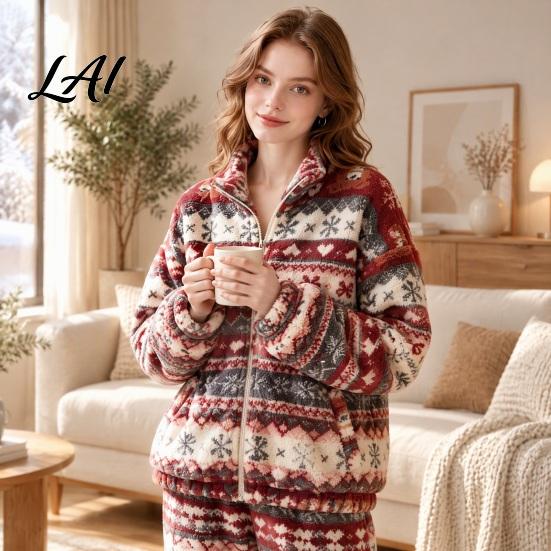 Multi Purpose Home Wear for Women 2Pcs/Set Fleece Pajamas Set Jacquard Texture Warm Loungewear Loungewear Loose Fit Sleepwear Set Autumn Winter Cozy