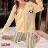 Pajamas Women Autumn Winter Cute Sweet Cardigan Striped Sleep Bottoms Plush Thickened Nightwear Warm Intimate Lingerie Home Wear