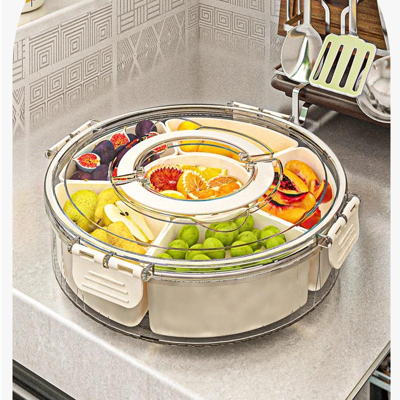 Портативная круглая фруктовая тарелка с ручкой, шестисекционный вращающийся дизайн, герметичный влагонепроницаемый контейнер для закусок с крышкой, идеально подходит для домашнего использования, поднос для сухофруктов