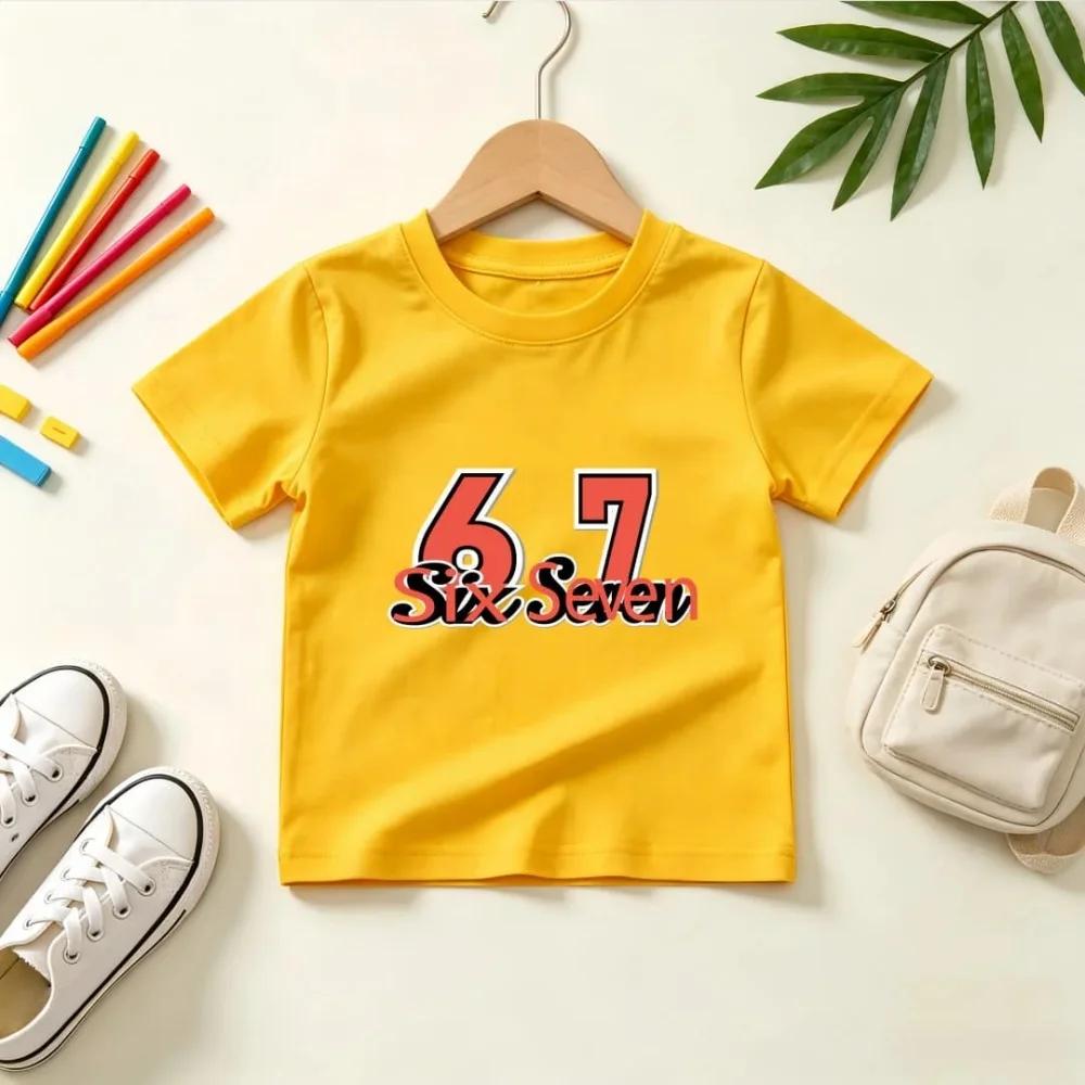 Kids Black Short Sleeve T Shirt Red White Outline Number 67 Six Seven Letter Print Crew Neck Boys Girls Casual Summer Tee