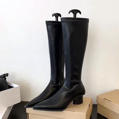 Модные ботинки с острым носком на массивном низком каблуке Женские Зима 2024 Сексуальные Уютные Мягкая кожа До колена На молнии Дизайн Высокие ботинки для женщин