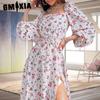 Женская мода весна осень цветочный принт длинный рукав квадратный воротник высокая талия повседневные платья