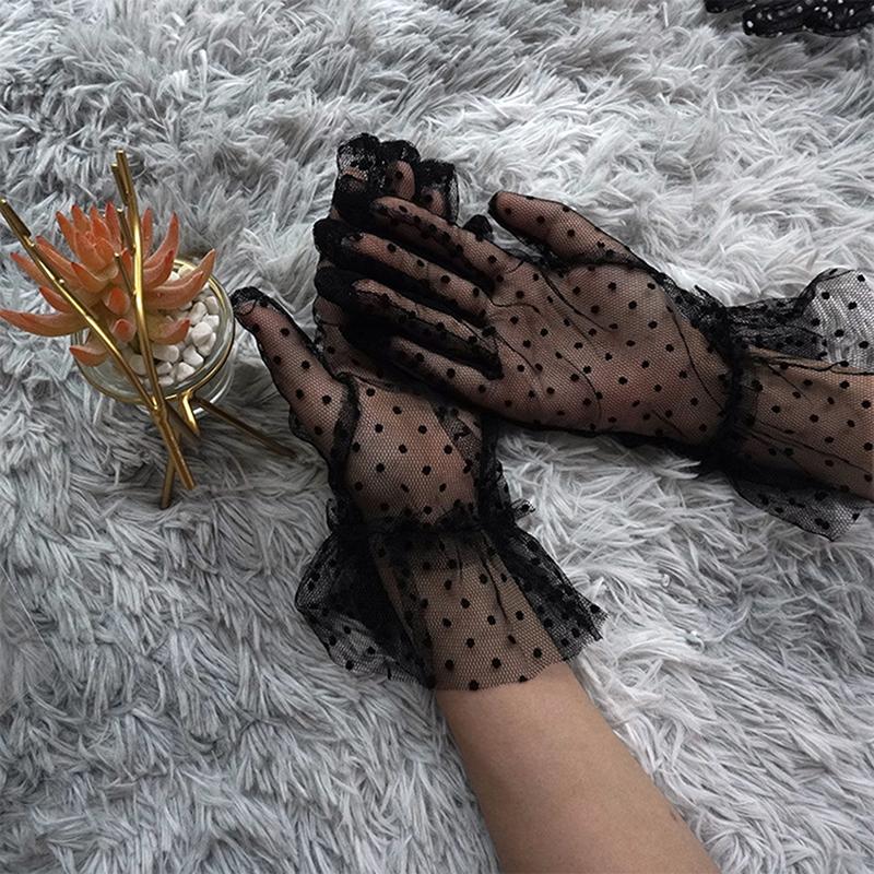 Pair Grace Autumn Summer Women Short Tulle Gloves Stretchy Lace Spots Lotus