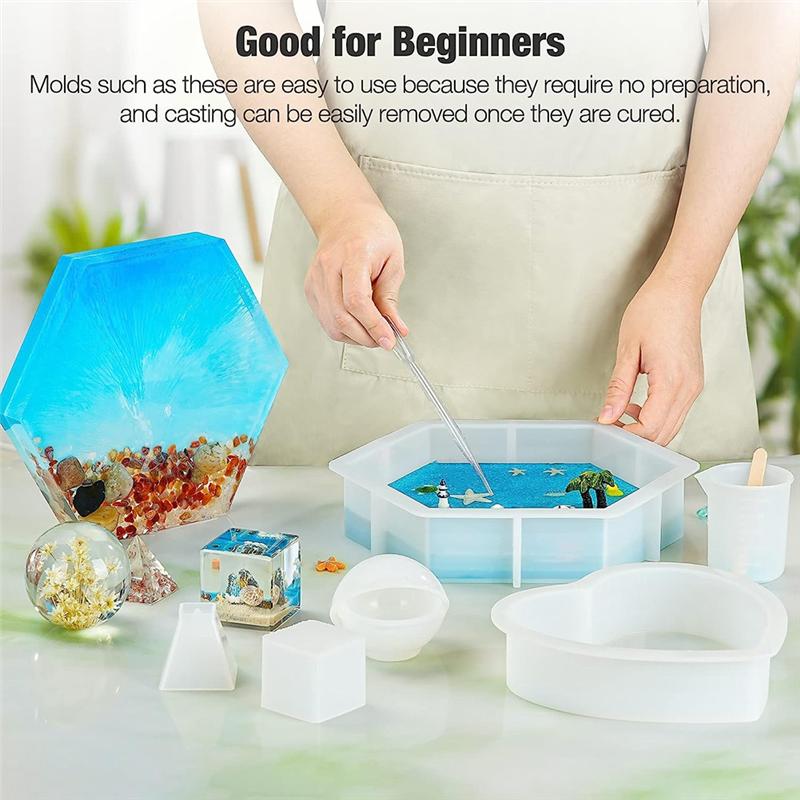 ABSF Resin Molds Silicone Kit Large Silicone Molds Fit For Epoxy Resin, Flowers Preservation, Including Hexagon, Heart, Sphere