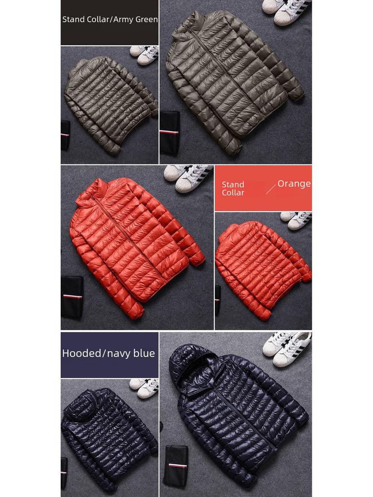 Мужская куртка из хлопка с капюшоном и перьями — популярное легкое и тонкое зимнее пальто, короткий фасон, воротник-стойка, большие размеры.