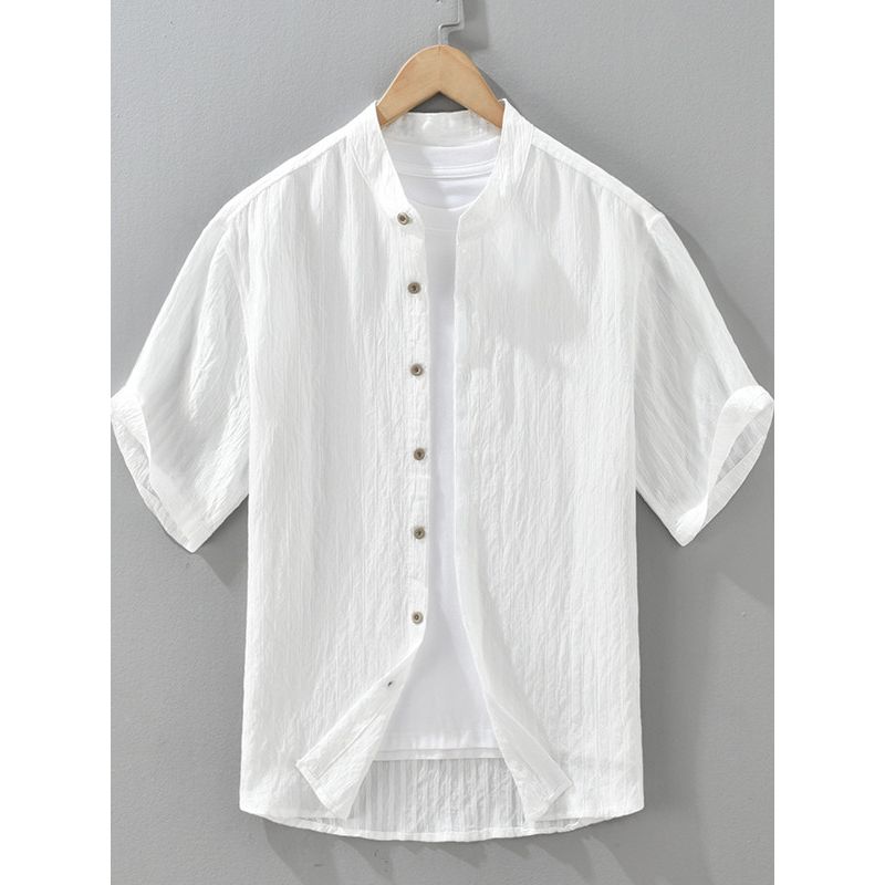 Foreign Trade Surplus Japanese-Style Casual Comfortable Thin Short-Sleeve Shirt for Men, Loose Trendy Chinese Style Stand Collar White Shirt