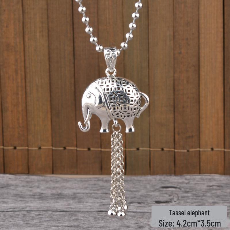 Retro Silver Peace Lock Pendant Necklace - Four-sided Wealth Women's Long Sweater Chain In National Style