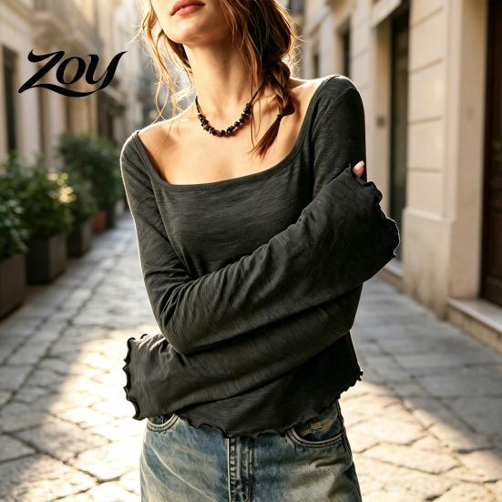 Office Wear Blouse Women Square Collar Blouse, Ruffle Cuff Hem Bell Sleeve Top, Stretchy Casual Blouses Breathable Solid Color Shirt for Early Autumn