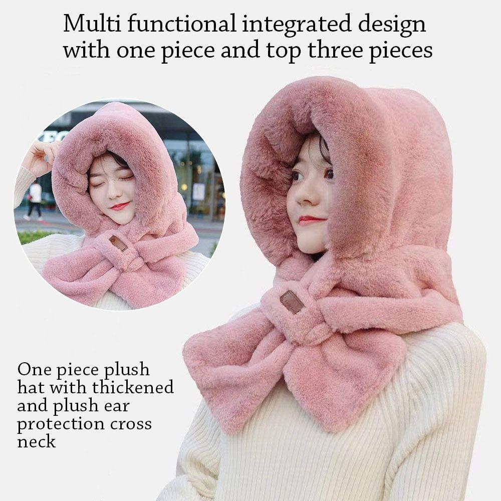 Thickening Integrated Cap Scarf Plush Neck Warmer Winter Ear Protection Cap for Women