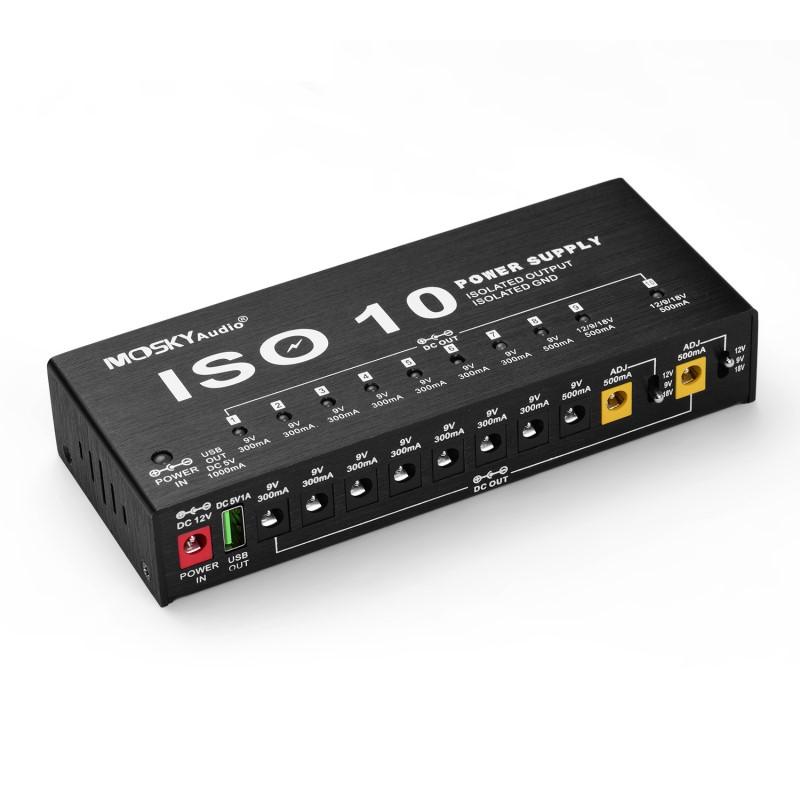 MOSKYAUDIO ISO10 Guitar Effect Pedal Power Supply Station 10 Isolated DC Outputs & One 5V USB Output for 9V 12V 18V Effects