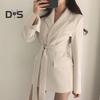 Весна Осень Костюм Пальто Длинный Рукав Шнуровка Ремень Талия Костюм Пиджак Однотонный Цвет Карманы Клапаны Средняя Длина Деловая Верхняя Одежда
