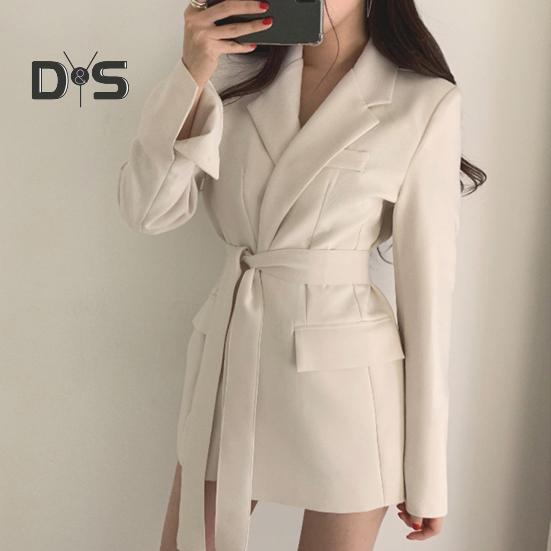 Весна Осень Костюм Пальто Длинный Рукав Шнуровка Ремень Талия Костюм Пиджак Однотонный Цвет Карманы Клапаны Средняя Длина Деловая Верхняя Одежда