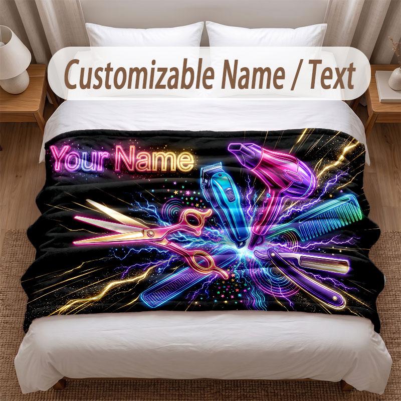 Barber Salon Theme Soft Blanket Personalized Custom Name Text Print Warm Blanket Home Sofa Bedroom Decor