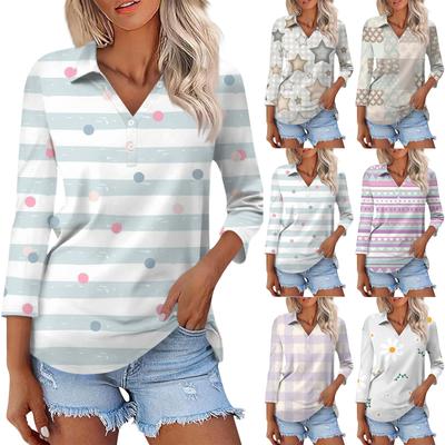 Женская модная повседневная рубашка на пуговицах с рукавом три четверти и полосатым принтом с лацканами