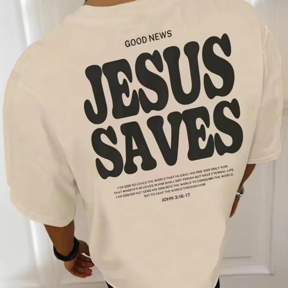 Jesus Saves John 3:16 Bible Verse Back Print Tshirt Christian Retro Letter Faith Cotton Graphic Tee