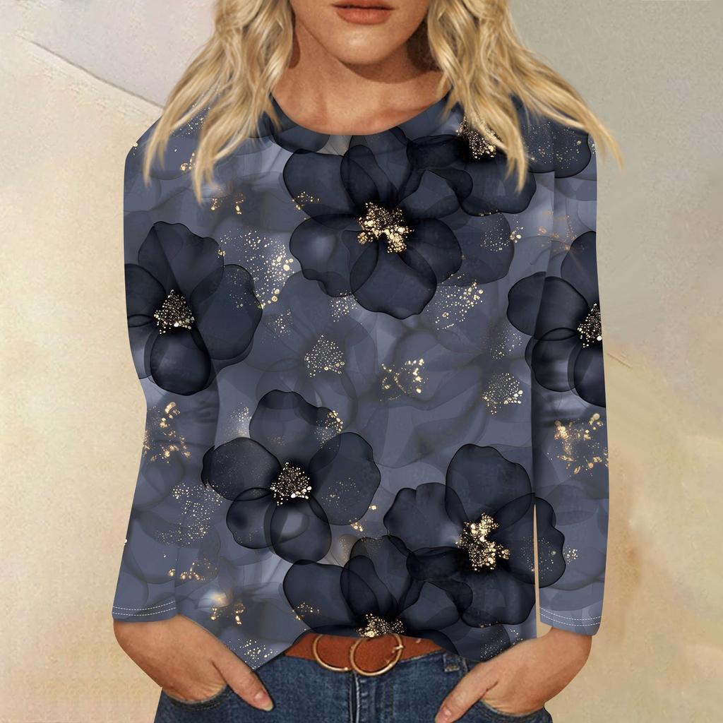 Женская мода Повседневная ретро-принт с круглым вырезом и длинным рукавом Декоративная футболка Топ