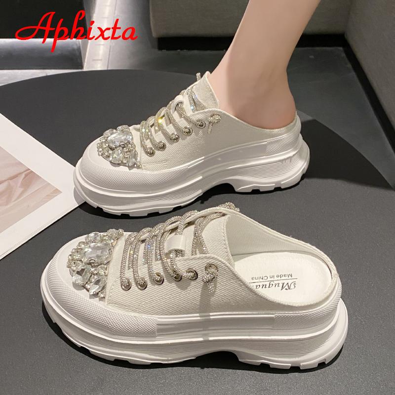 Fashion Aphixta Luxury Crystals Lace-up Toe Platform Slippers Women Rhinestone Slides Canvas Bling Shoes Wedge Thick Sole Slides
