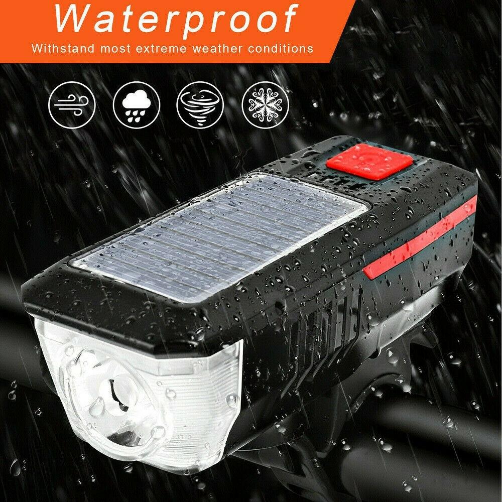 Солнечная велосипедная лампа, USB аккумуляторная, водонепроницаемая, велосипедная лампа и звуковой сигнал, 3 режима для снаряжения для ночной езды