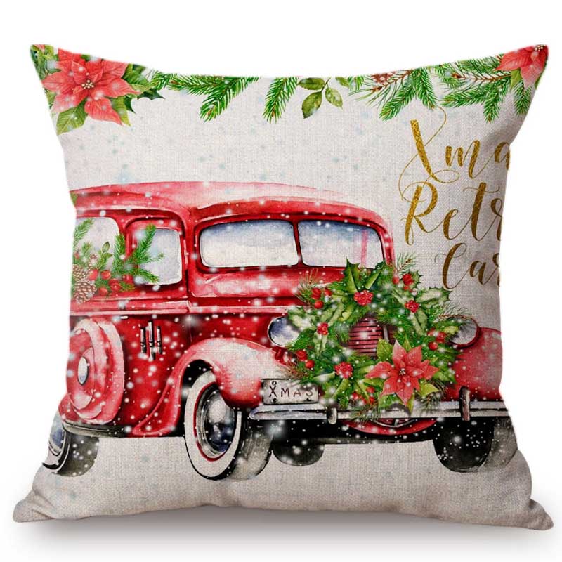 Cute Watercolor Christmas Decoration Sofa Throw Pillow Case Christmas Truck Tree Lovely Puppy Dog Letter Snow Cushion Cover