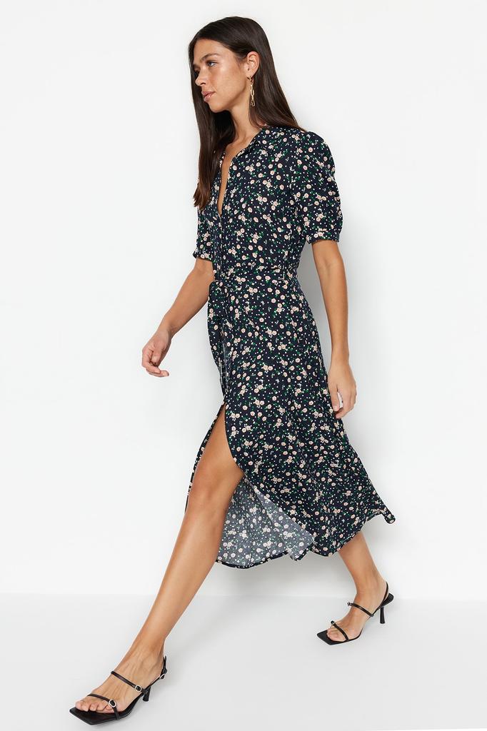 Women's Fashion New Dress Black Floral Pattern Slit Woven Shirt Dress