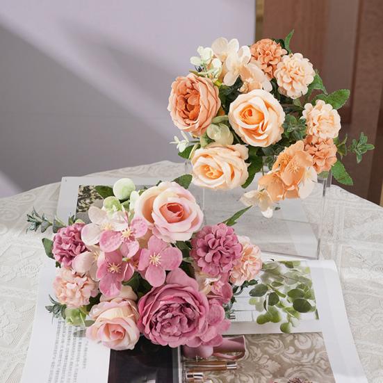 Artificial Rose Bouquet Realistic Fake Silk Flower With Green Leaves Home Wedding