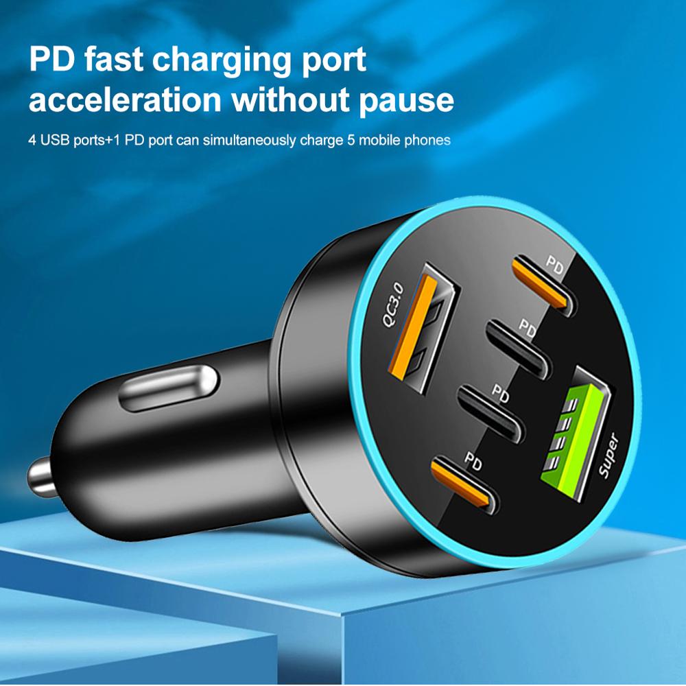 6 Ports Super Fast Car Charger PD QC 3.0 USB C Car Charger 250W Quick Charging Adapter for Phone