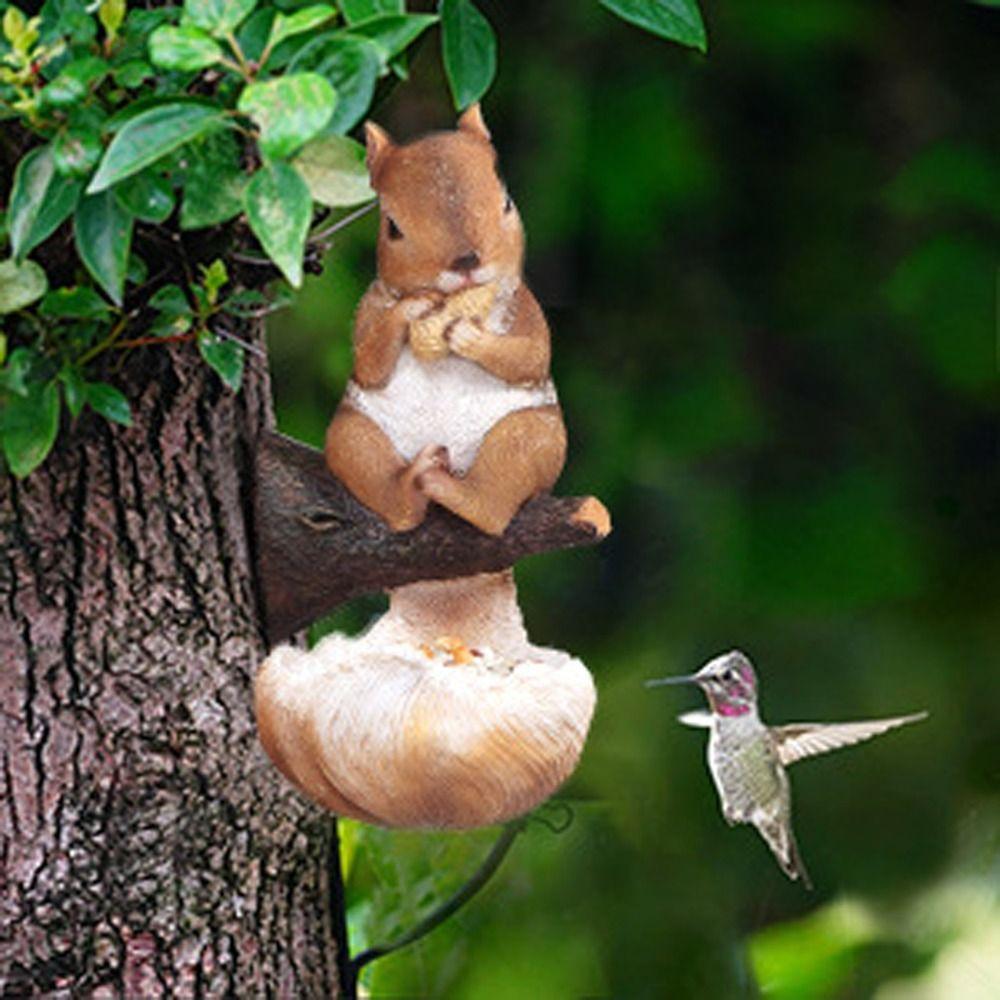 Resin Bird Feeder Cute Art Statue Multi Functional Squirrel Tree Hanging Micro Landscape