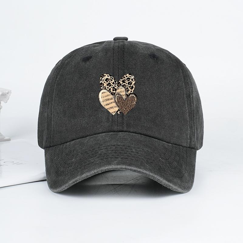 MLFO Three leopard-print heart-patterned washed baseball caps: Unisex casual style, retro sun hats, fashionable headwear