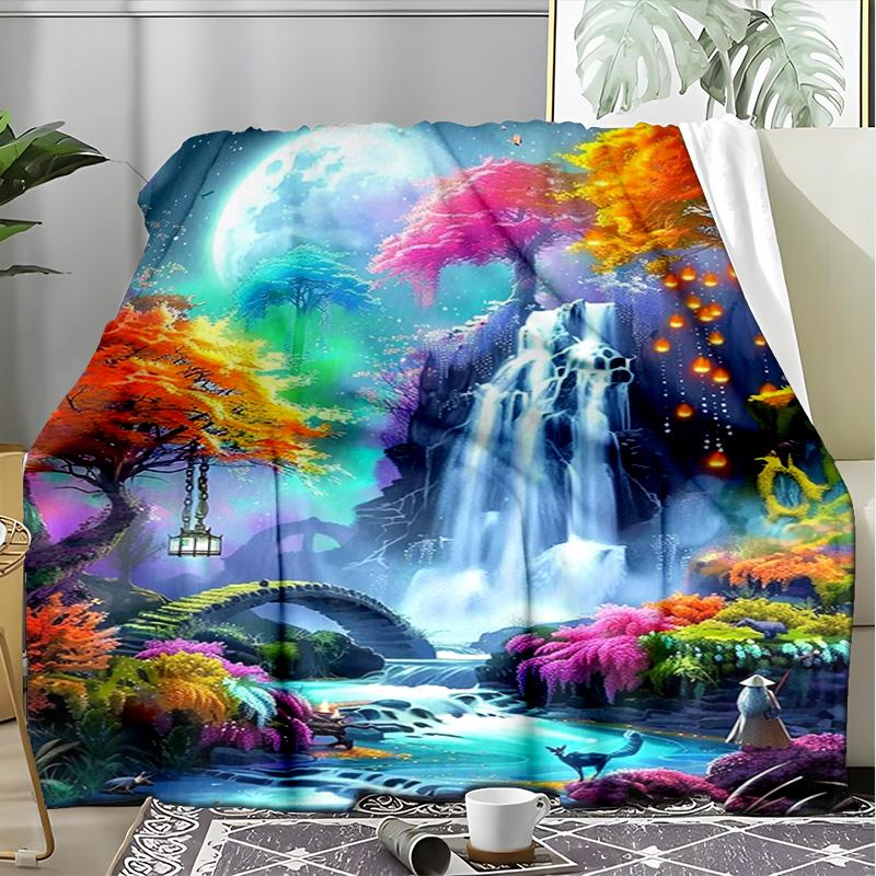 Magical Fairy Waterfall Landscape Blanket, Glowing Forest Flannel Throw Blanket for Home Decor