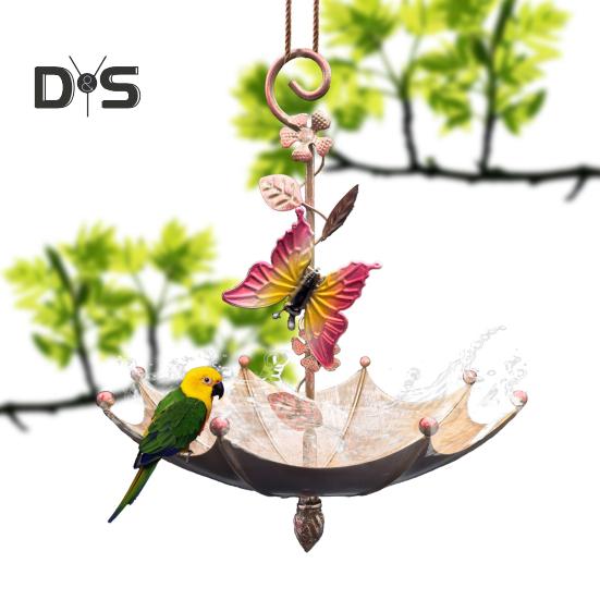 Hanging Birds Feeder for Outdoors Umbrella Shaped Birds Feeder Tray with Dragonfly/Butterfly/Honeybee Metal Wild Birds Bath for Garden Backyard Decor