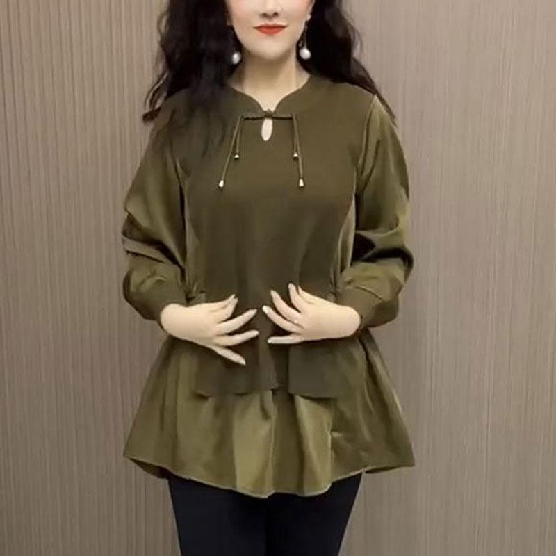 Рубашка женская свободного кроя в стиле пэчворк, имитирующая двойку, повседневная, с V-образным вырезом, модная, весенне-осенняя, винтажная блузка с китайской застежкой-пуговицей