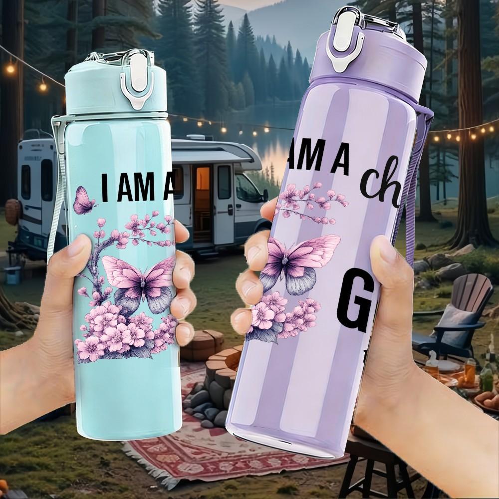 1PC I Am A Child Of God Flower Art 750ml Color Plastic Sports Water Bottle Leakproof Flip Straw Lid Suitable for Sports Office Home Use
