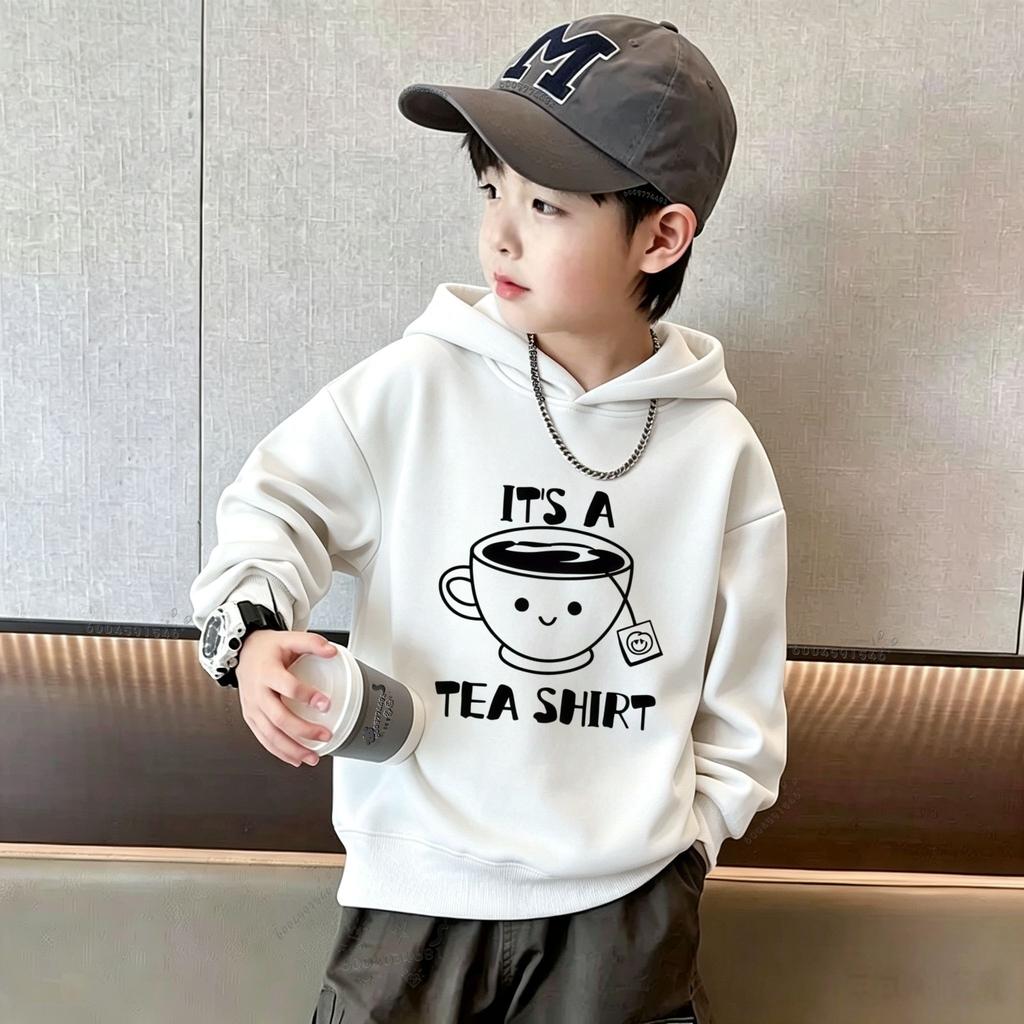 Best-selling children's hooded sweatshirt. Creative cartoon cup with fun text prints. Large-sized children's hooded top.