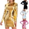 Женское блестящее металлическое мини-платье с круглым вырезом и длинными рукавами, облегающее платье-карандаш для вечеринки в клубе