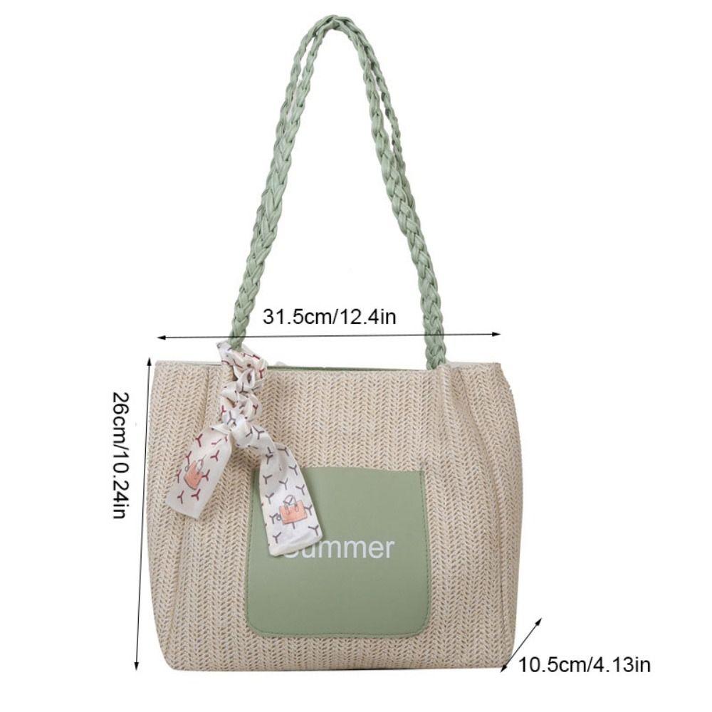 Ribbon Beach Shoulder Bag Balletcore Women Handbag Portable Straw Woven Tote Bag  Travel