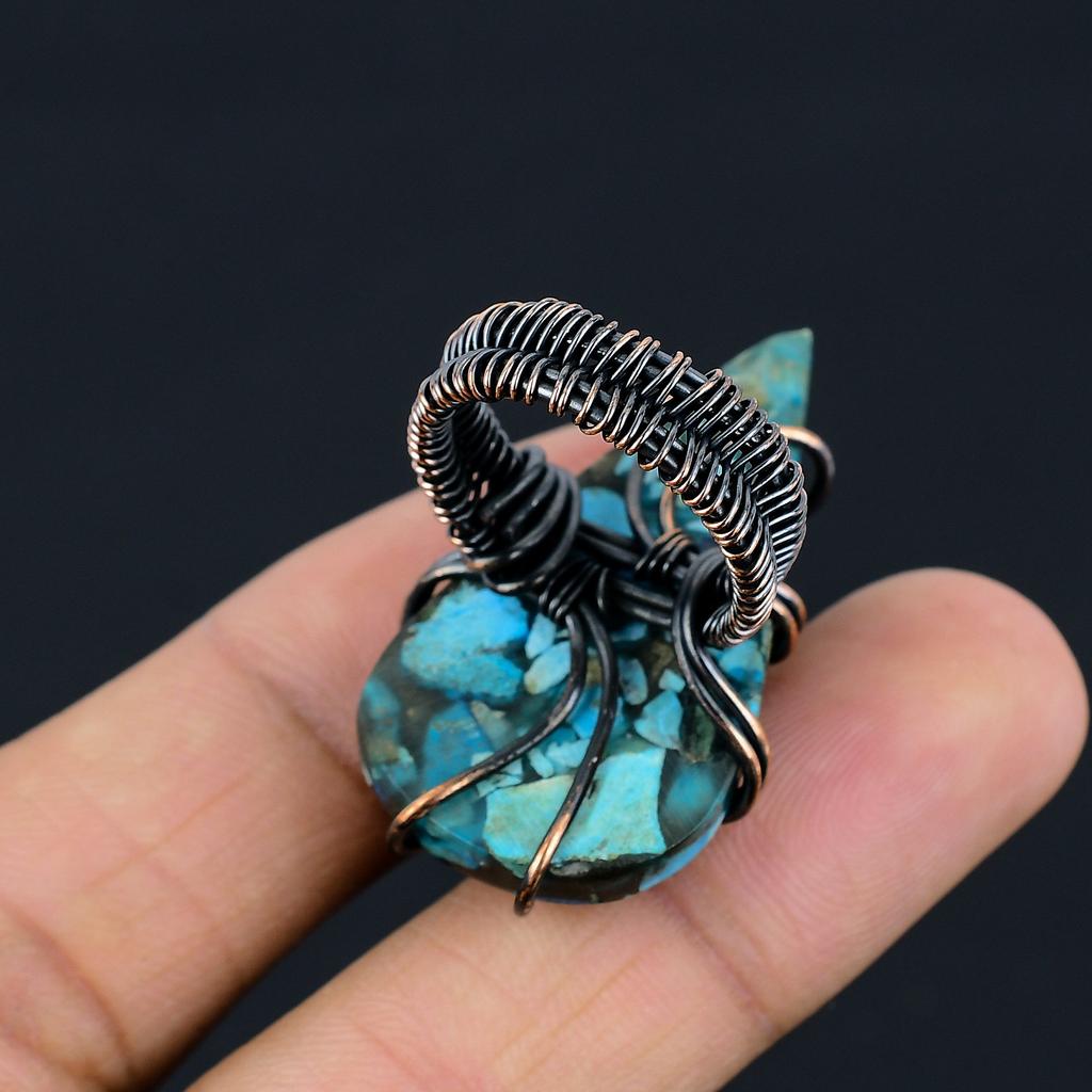 Кольцо ручной работы из медной проволоки с натуральным медным бирюзовым камнем, размер 7 j0d92