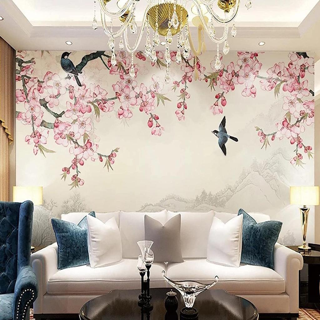 Retro Pink Flowers and Birds Landscape 3D Mural Wallpaper, Scenery Photo Large Wallpaper Mural, Living Room Bedroom Wall Decor Mural