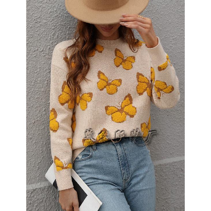 2024 Осень-Зима Европейский И Американский Печатный Бабочка Круглый Вырез Женский Свободный Плюс Размер Вязаный Свитер Пуловер Свитер