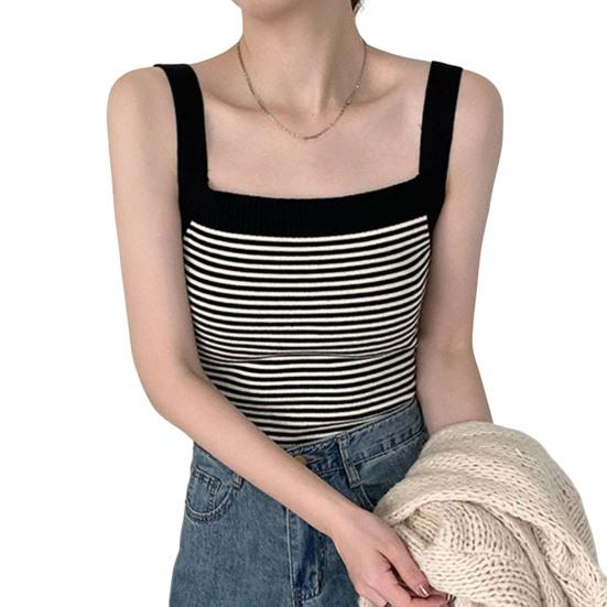 Вязаный жилет в полоску в стиле ретро с квадратным воротником и широкими плечами без рукавов