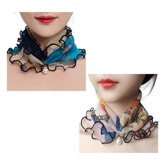 2Pcs Women Faux Silk Scarf Printing Faux Pearl Decor Lace Trim Lightweight Scarf Hand Strap Accessory