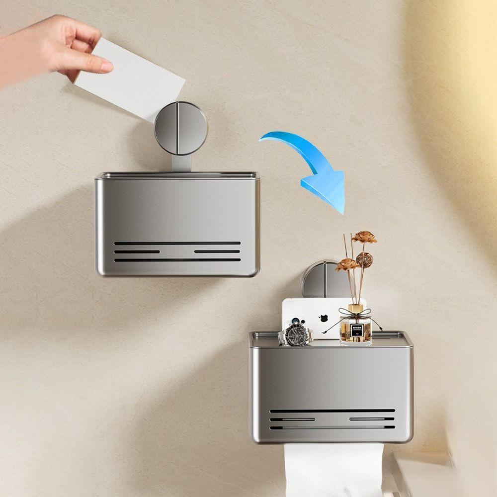 Aluminum Suction Cup Tissue Box With Drawer Waterproof Toilet Paper Holder Non-perforated Suction Cup Mount Roll Holder